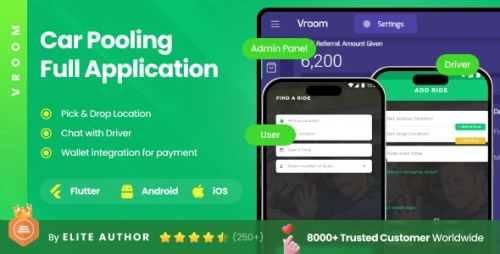 2 Apps | Ride Sharing Full Application | Carpooling, Bike Pooling & Car Sharing App | Vroom