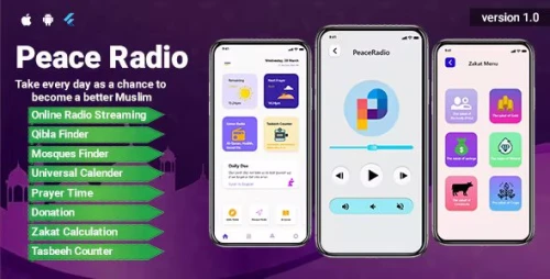 PeaceRadio - Muslim Online Radio and Qibla Finder with Prayer Time Full App UI Template