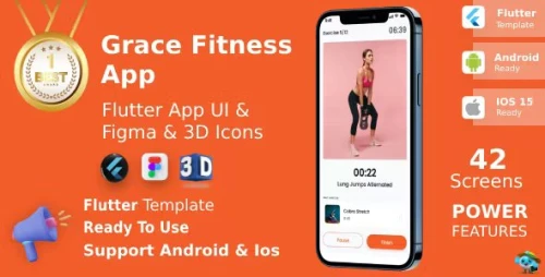 Grace App ANDROID + IOS + FIGMA + 3D Icons - UI Kit - Flutter - Fitness & WorkOut