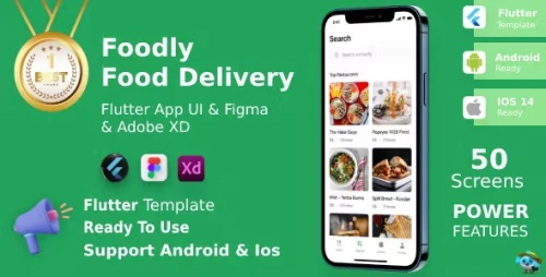 Foodly App ANDROID + IOS + FIGMA + XD - UI Kit - Flutter - Food Delivery & Order Premium App