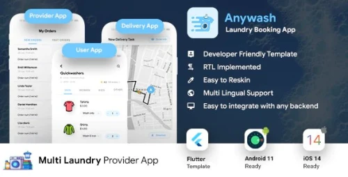 Multi Vendor Laundry Booking & Delivery App Android + iOS App Template - 3 Apps - FLUTTER - Anywash