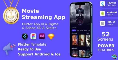 Movie Streaming App ANDROID + IOS + FIGMA + XD + SKETCH - UI Kit - Flutter