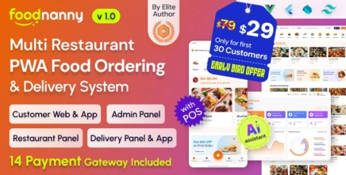 FoodNanny - Multi Restaurant Food Delivery App with PWA Website & Laravel Admin with AI Assistant