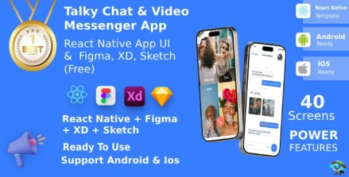 Chat & Video Messenger App ANDROID + IOS + FIGMA + XD + Sketch | UI Kit | ReactNative | Talky