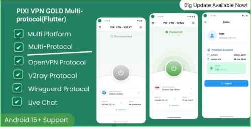 Pixi VPN Multi protocol VPN OpenVPN, V2ray, Wireguard with Ready to Business panel