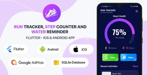 Run Tracker, Step Counter and Water Reminder - Flutter Android &amp; iOS App (40 Languages)