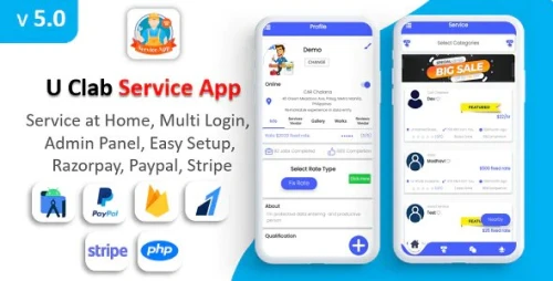 U Clab Service App - Service At Home - Multi Payment Gateways Integrated - Multi Login