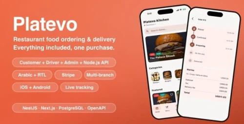 Platevo | Flutter Restaurant Food Delivery App Template With Node.js Backend and Admin Panel