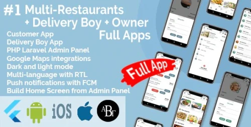 Multi-Restaurants Flutter App + Delivery Boy App + Owner App + PHP Laravel Admin Panel + Web Site