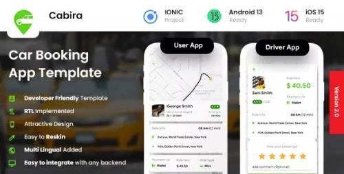 4 App Template - Taxi App - Cab Booking App - Rider App + Driver App - Cabira