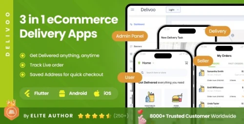 3 Apps | Multi-Purpose Delivery Full Application | eCommerce, Food, Grocery & Courier App | Delivoo