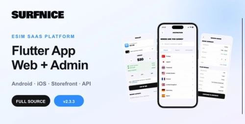 Surfnice | eSIM SaaS Flutter App With Web Storefront and Admin Panel