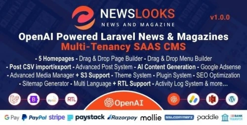 NewsLooks SAAS | OpenAI Powered News & Magazines Multi-Tenancy SAAS CMS [Extended License]