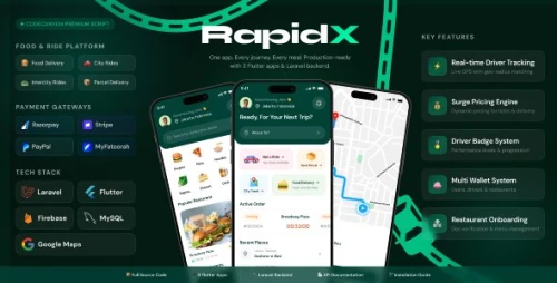 RapidX - Ride Booking and Food Delivery Flutter App With Laravel Admin Panel