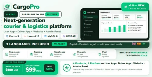 Cargopro - Courier and Delivery Management System | Flutter User and Driver Apps - Admin and Website