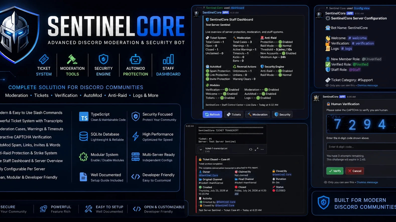 SentinelCore - Discord Moderation, Security & Ticket Bot