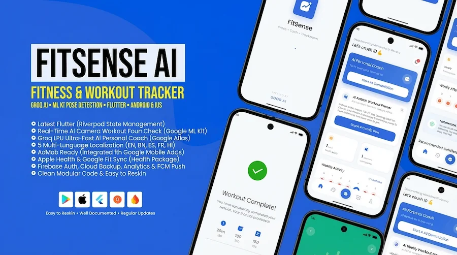 FitSense | AI Personal Trainer & Fitness Tracker Flutter App for Android and iOS