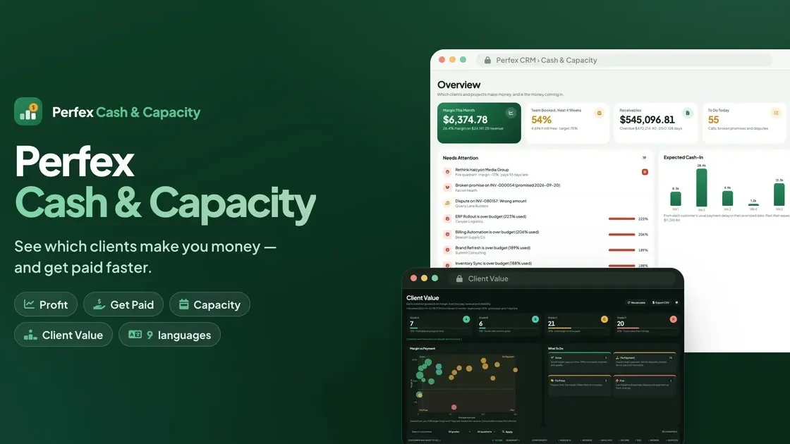 Perfex Cash & Capacity – Project Profitability, Invoice Collections & Client Value Score for Perfex CRM