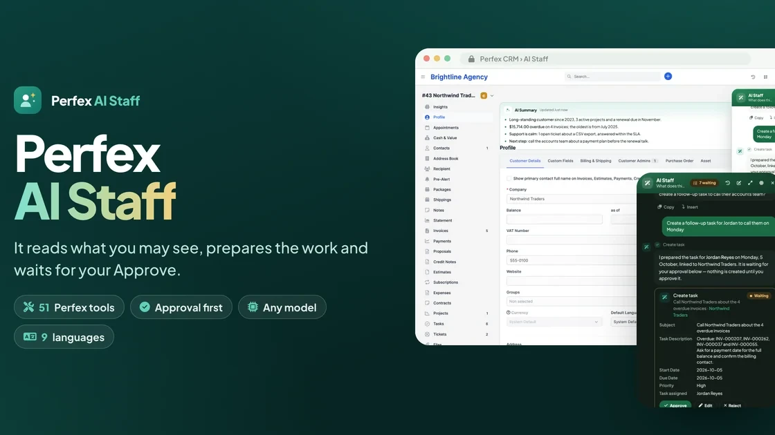 Perfex AI Staff – AI Assistant, Agents, Knowledge Search & Approvals for Perfex CRM