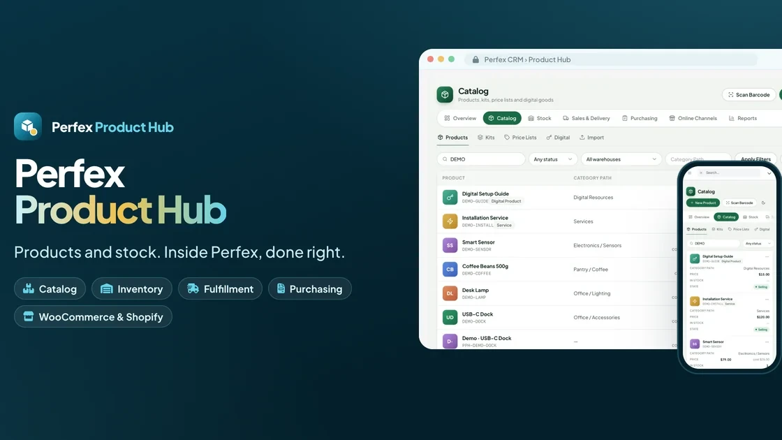 Perfex Product Hub — Product Catalog, Inventory, Fulfillment, Purchasing & WooCommerce/Shopify Stock for Perfex CRM