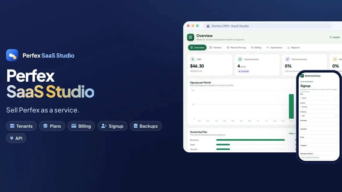 Perfex SaaS Studio — Multi-Tenant SaaS for Perfex CRM: Tenants, Plans, Signup, Billing, Upgrades & Backups