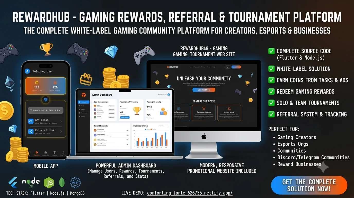 RewardHub - Creator Rewards & Tournament Platform (Flutter + Admin Panel)