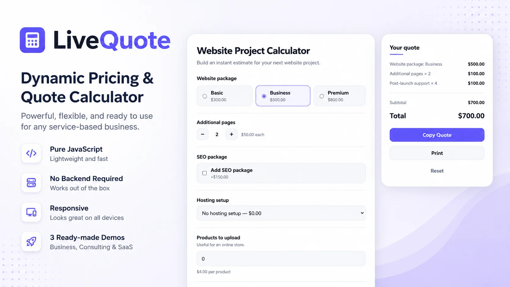 LiveQuote — Dynamic Pricing & Quote Calculator for Websites