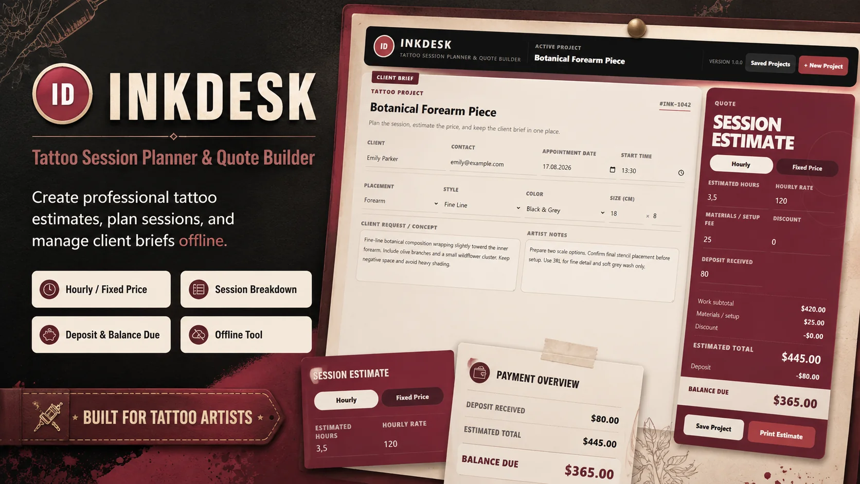 InkDesk – Tattoo Session Planner & Client Quote Builder