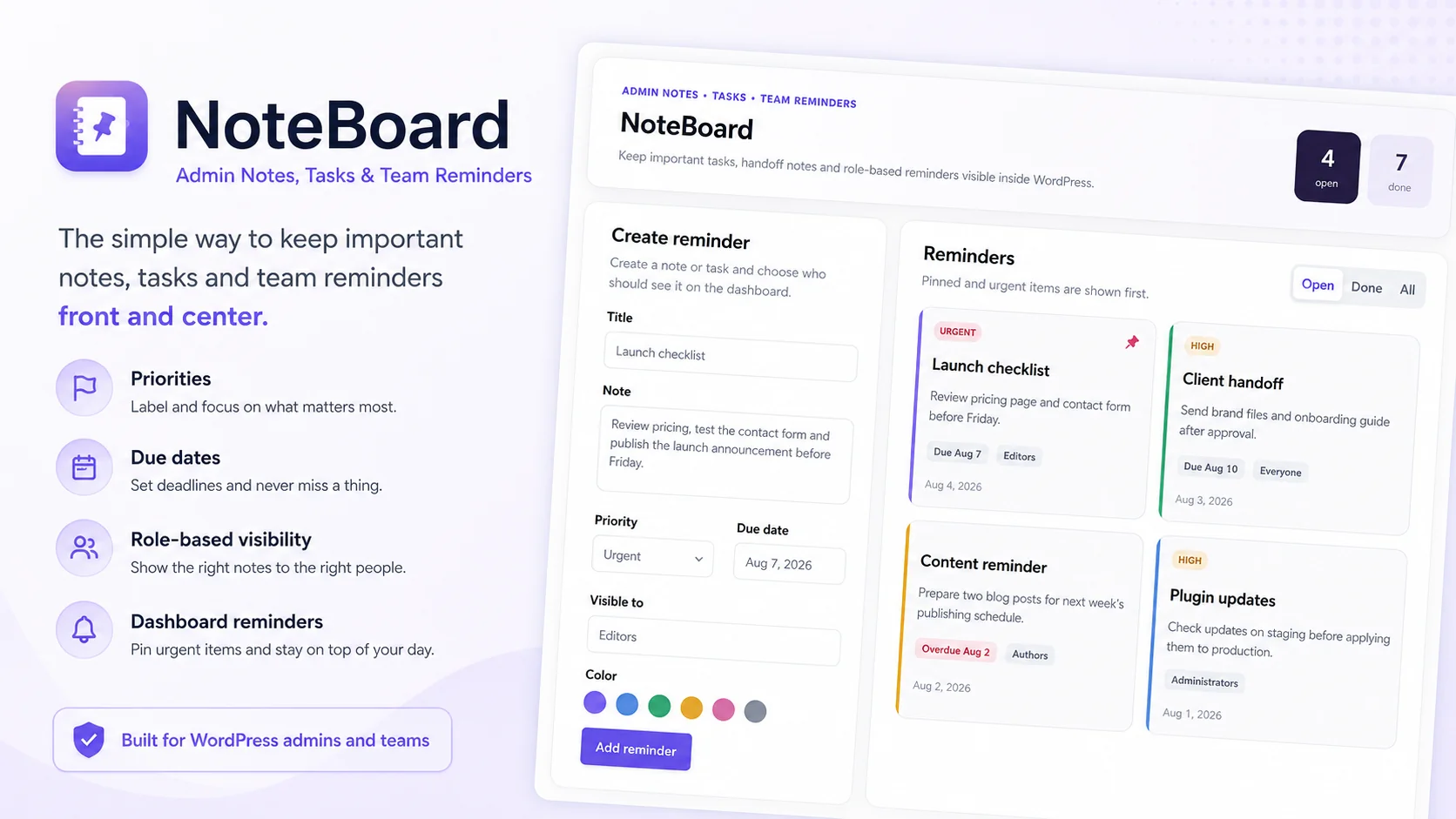 NoteBoard — WordPress Admin Notes, Tasks & Team Reminders
