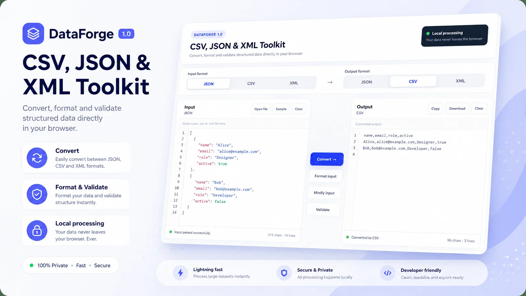 DataForge — CSV, JSON & XML Converter Toolkit