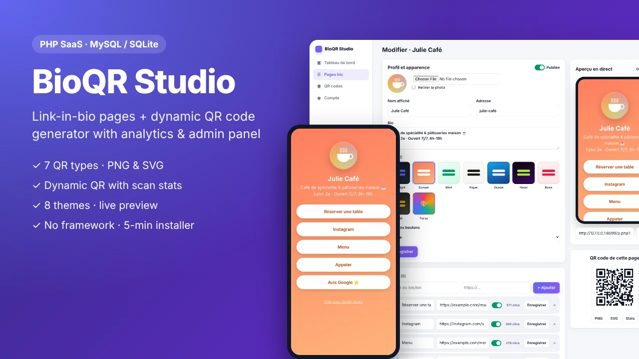 BioQR Studio - Link in Bio Pages + Dynamic QR Code Generator SaaS (PHP)