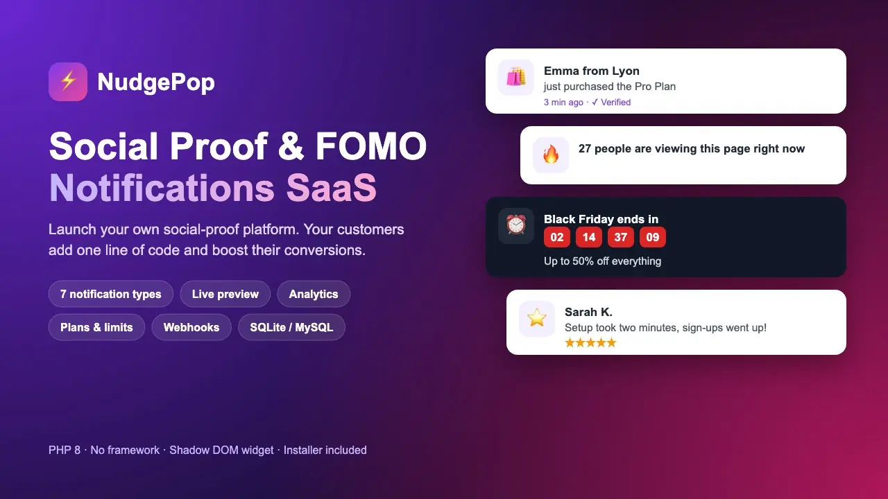 NudgePop - Social Proof & FOMO Notifications SaaS (PHP)
