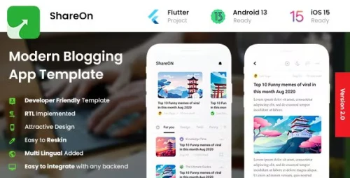2 App Template - Modern Blogging App - News App - ShareON