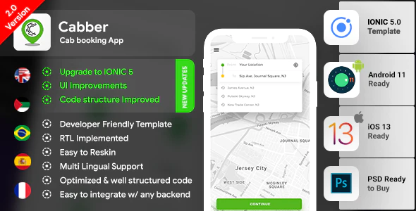 Cab Booking Android + iOS App Template - 2 Apps Rider+Driver - HTML + CSS IONIC 5 - Cabber