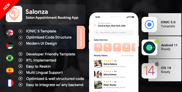 Multi Salon Android App Template + Multi Salon iOS App Template - 2 Apps User + Salon - IONIC 5 - Salonza