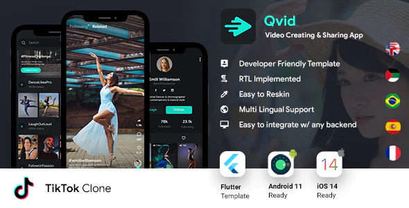 TikTok App - Video Creating Android App Template + Short Video iOS App Template - Flutter 2 - Qvid