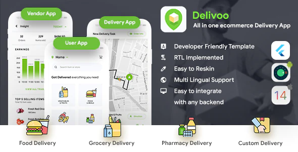 eCommerce App Template - 3 Apps - User App + Vendor App + Delivery App - Delivoo - Flutter 2