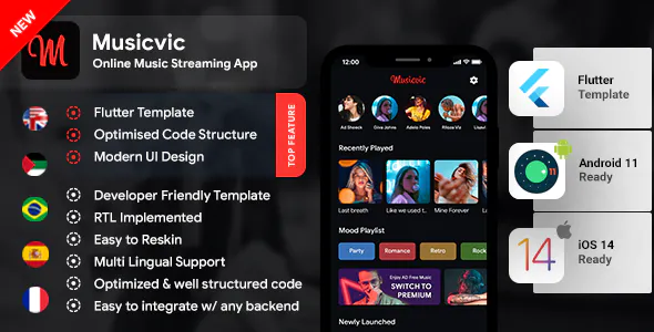 Online Music Streaming Android App Template + iOS App Template - Flutter 2 - Music Player App - Musicvic