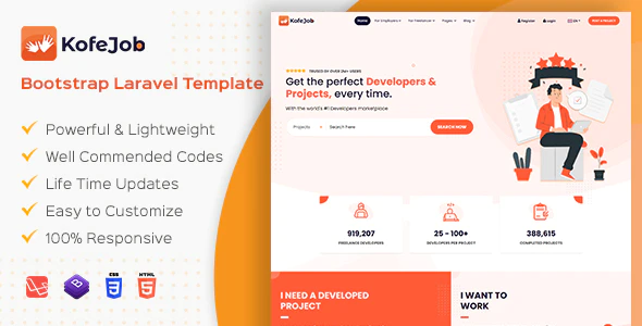 Kofejob - Job Board & Freelancer Marketplace Template (HTML5 + Laravel + Vuejs + Angular + Reactjs)