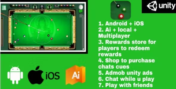 Billiards Multiplayer - 8 Ball Pool With AI & Reward Store - Google AdMob - Unity Ads - Android + iOS