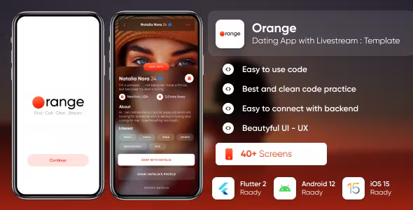 Orange - The Ultimate Dating app with Livestream UI kit for Android and iOS (Flutter)
