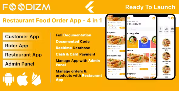 Foodizm - Restaurant Food Ordering App in Flutter - Customer, Restaurant, Rider App