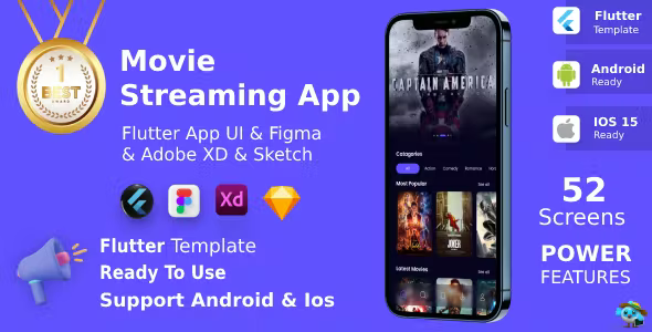 Movie Streaming App ANDROID + IOS + FIGMA + XD + SKETCH - UI Kit - Flutter