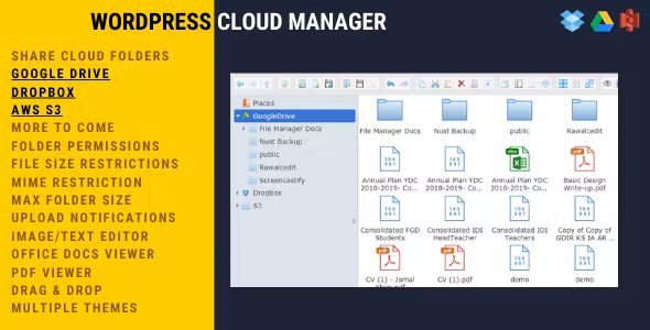 WordPress Cloud Manager - Dropbox - Google Drive - S3 Folder Sharing