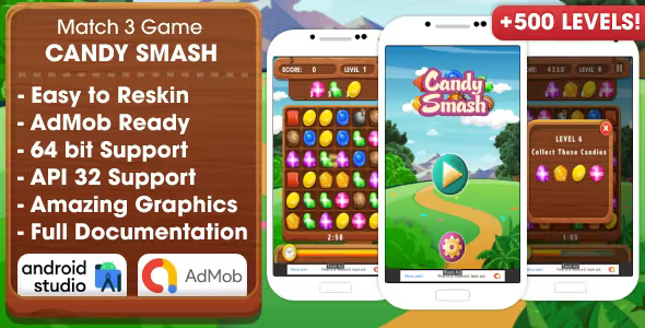Candy Smash - Match 3 Game Android Studio Project with AdMob Ads + Ready to Publish