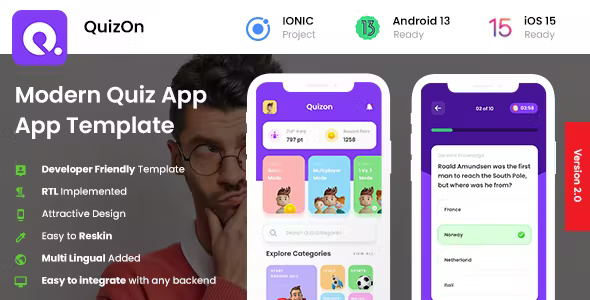 2 App Template - Modern Quiz Solo + Multiplayer + 1vs1 App - IONIC QuizOn