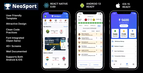 NeoSport, A Fantasy Sports App Template Designed for Android + iOS in React Native CLI