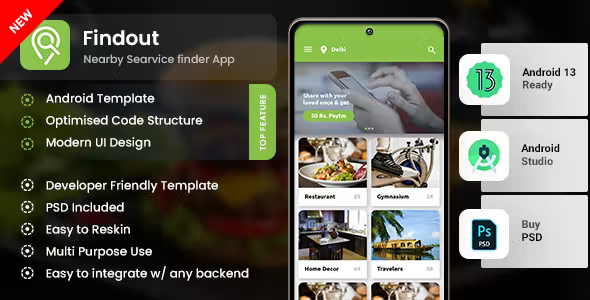 Place Finder, Restaurant & Service Finder, NearBy Android App Template (XML Code in Android Studio)