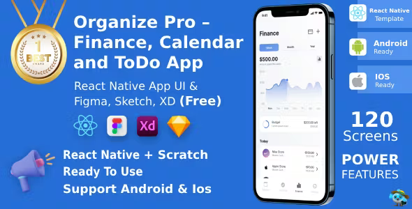 Finance, Calendar & ToDo App | React Native | Figma + XD + Sketch FREE | ORGANIZE
