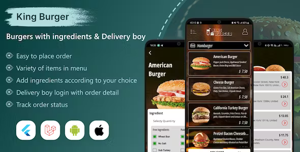KING BURGER restaurant with Ingredients & delivery boy full flutter application